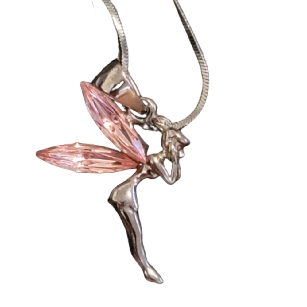 Disney's Tinkerbell fairy necklace, chain silvertone pendant pink rhinestones